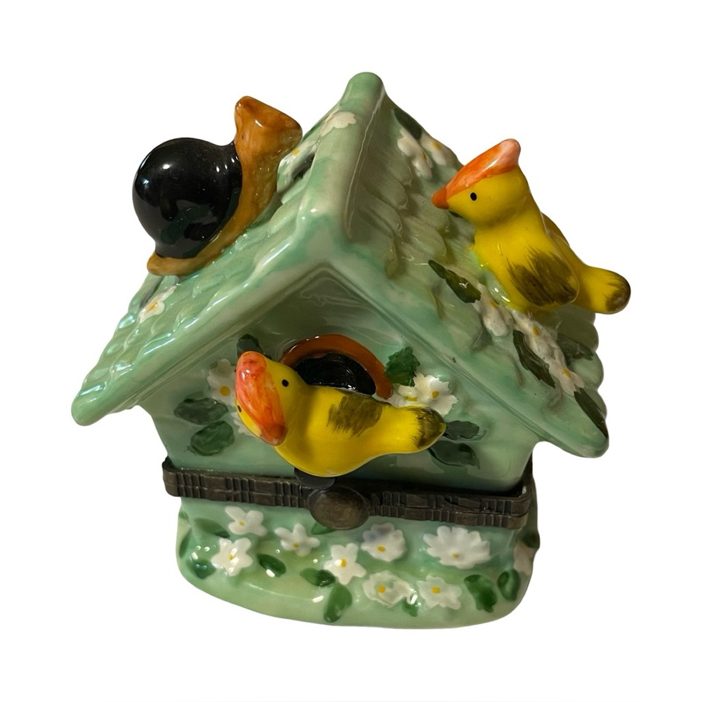 Porcelain Hinged Trinket Box – Birdhouse with Yellow Birds, Snail & Flowers